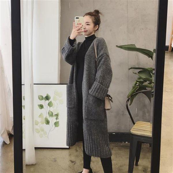 Autumn and Winter Casual Loose Sweater Mid-length Knitted Cardigan Jacket Fashion Solid Color Female Coat