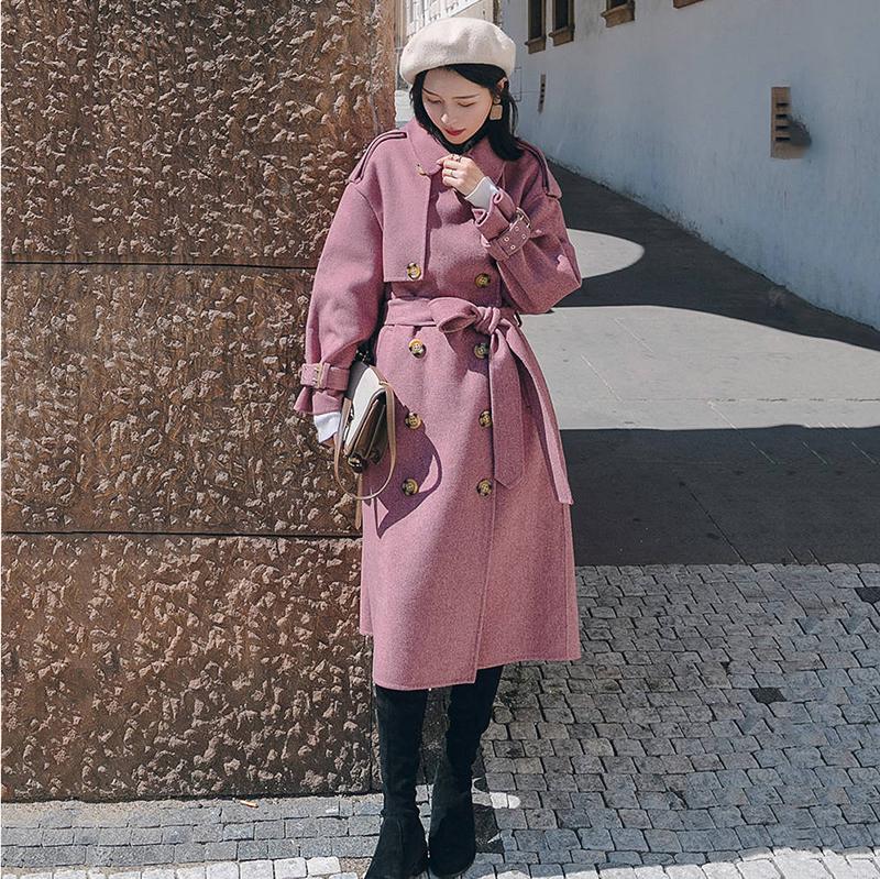 2019 Autumn Winter Wool Women Office Work Long Coats Fashion Lady Slim Lapel Long Sleeve Belt Jacket