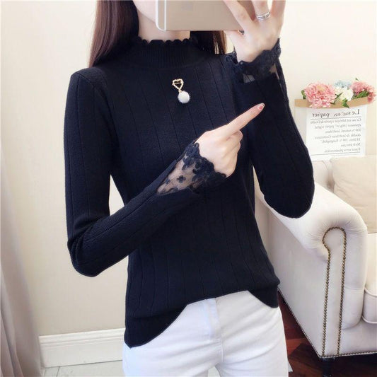 Autumn and Winter Half-high-necked Sweater Lace Inside Slim Long-sleeved Bottoming Shirt