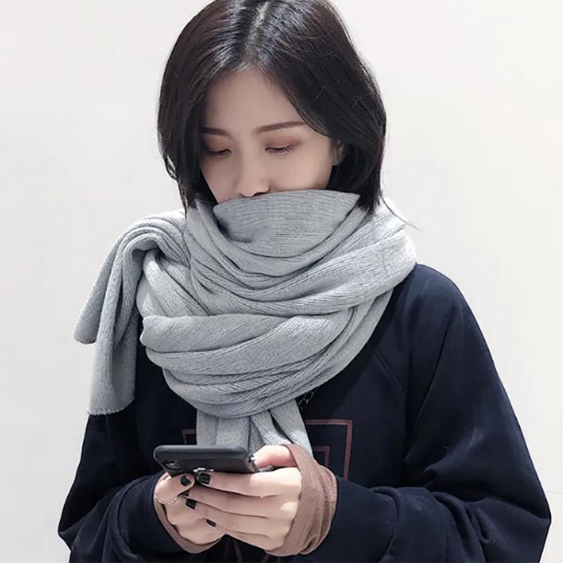 Solid Color Knitted Wool Scarf Women Trendy Thickening Warmth Soft Bib Women All-match Scarves