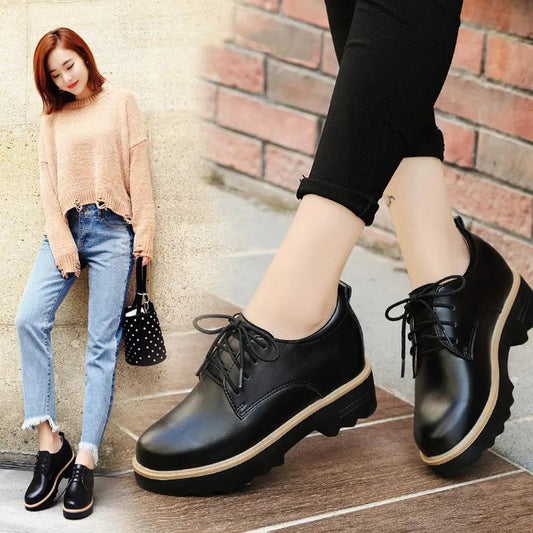 Spring and Autumn Inner Heightening Women's Shoes Thick Soled Slope Heel Shoes Versatile Working Solid Color Small Leather Shoes