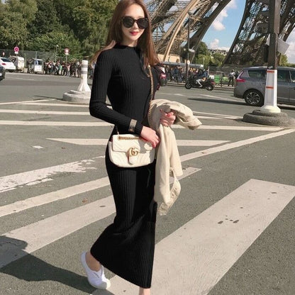 Autumn and Winter Fashion Super Long Women's Sweater Dress Over-the-knee Base Knitted Long V-neck Slim Dress