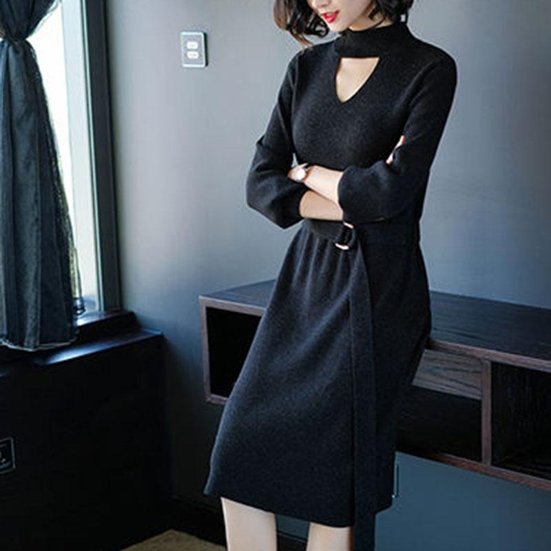 Autumn and Winter Fashion Slim-fit Sweater Dress Lace-up Knee-length Mid-length Dress Long-sleeved Knitted Female Base Dress