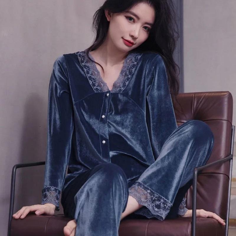 Women's Gold Velvet Pajamas Set Spring Autumn Sexy Lace Pyjamas Suit Out Wear Loose Comfortable Solid Color Thin Velvet Homewear Winter Sleeping Suit