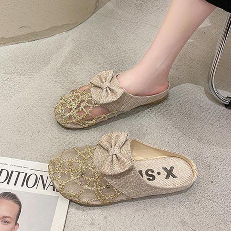 Lace Closed-toe Half Slippers Female Summer Hollow Linen Woven Loafers Lazy Outer Wear Sandals and Slippers