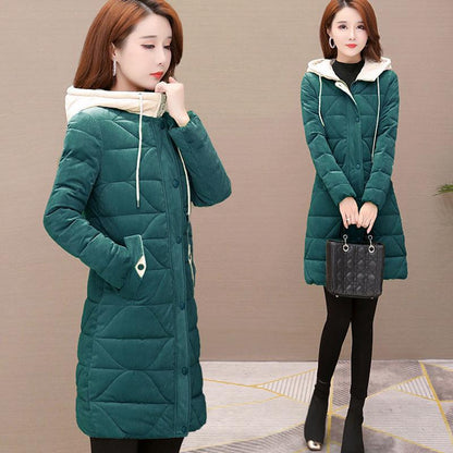 Cotton Jacket Women's Mid-length Winter Fashion Trend Thick Warm Hooded Cotton Jacket Corduroy Jacket Tide