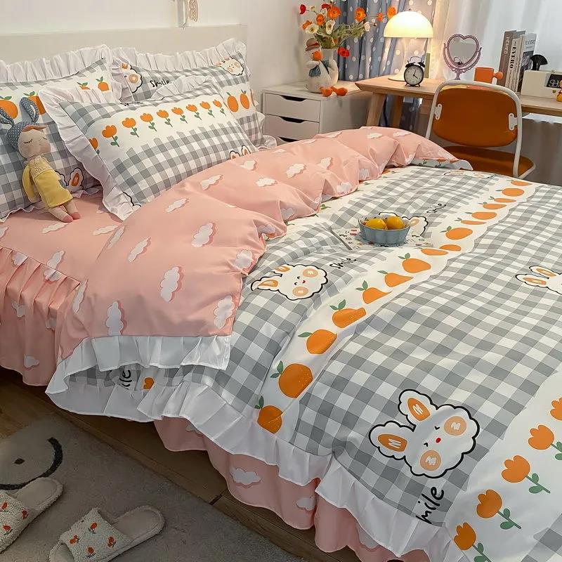 Four-piece Korean Princess Style Cotton Brushed Bed Sheet Quilt Cover Sheet Couple Double Bedroom Bedding