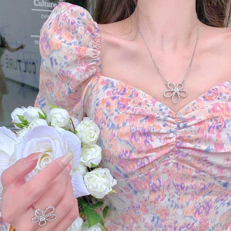 Female Vintage Slim Floral Print Spring Holiday Dress Bubble Sleeve High Waist A-line Elegant Dress