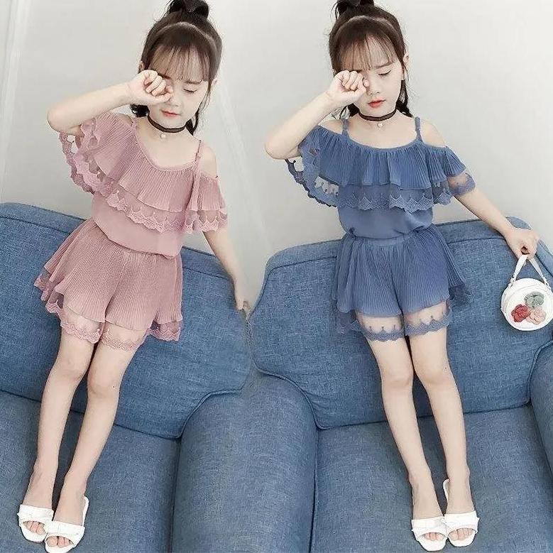 Girls' Summer Shorts Suit Korean Style Summer Children's Suspender One Shoulder Chiffon Two Piece Set Pleated Mesh Solid Color Two-piece Suit