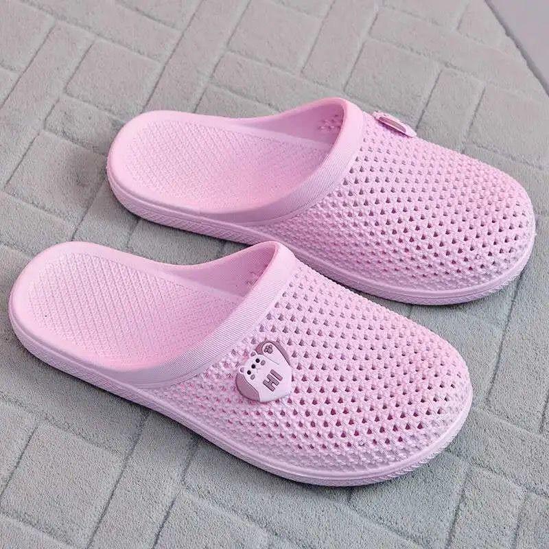 Hole Sandals Slippers Women's Summer Home Non-slip Baotou Outer Wear Bathroom Home Plastic Half-drag Summer Flat Sandals