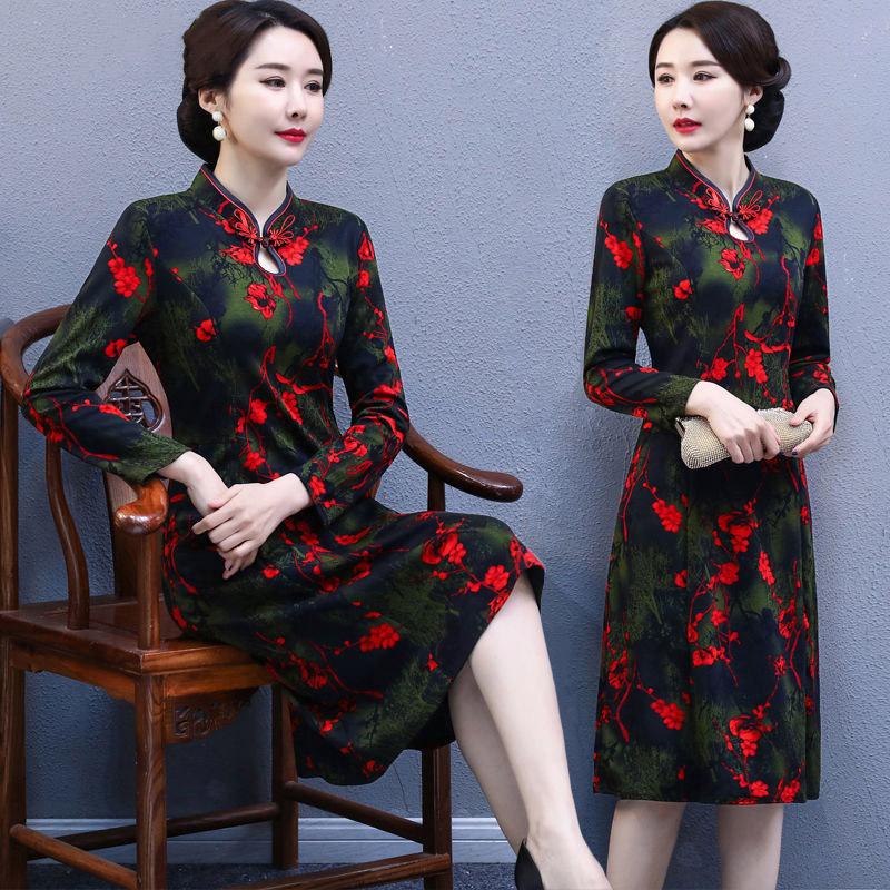 Women's Mid-skirt Chinese Style Long Cheongsam Dresses Retro Knee-length Skirt Summer Slimming Dress Dinner Dresses