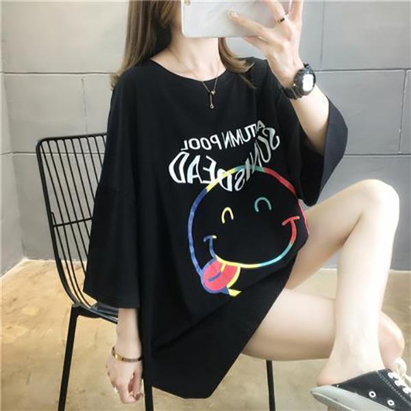 Cute Smiley Women Dress Girl Loose O-Neck Casual Long T-shirt Dress Big Loose Home Comfort Outer Convenient Nightdress Pajamas