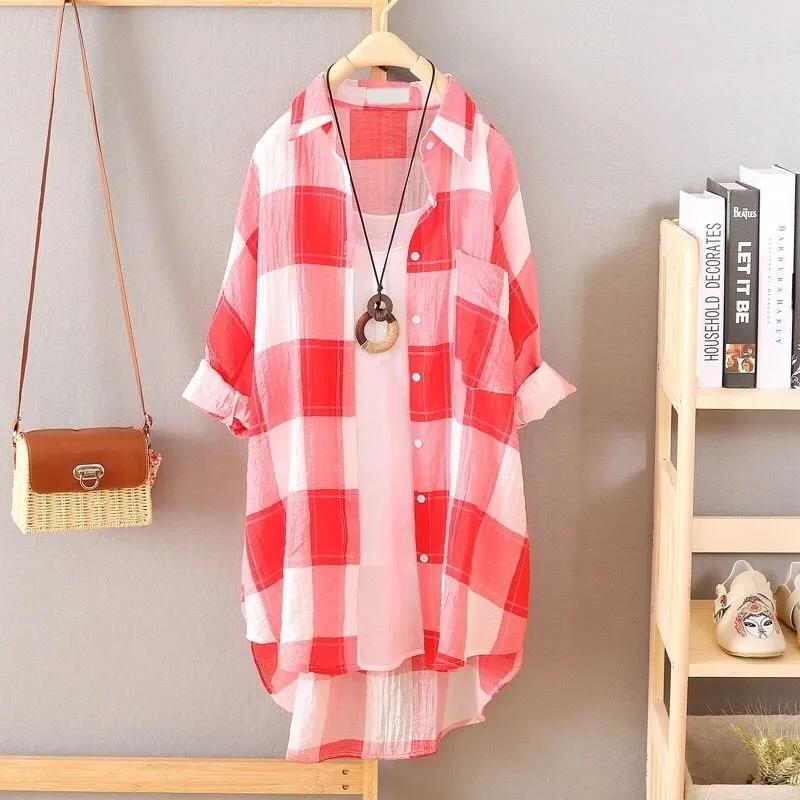 Women's Mid-length Plaid Shirt Long Loose Jacket Women's Sun Protection Clothing Large Size Loose Thin Jacket Ladies Long Chiffon Shirt