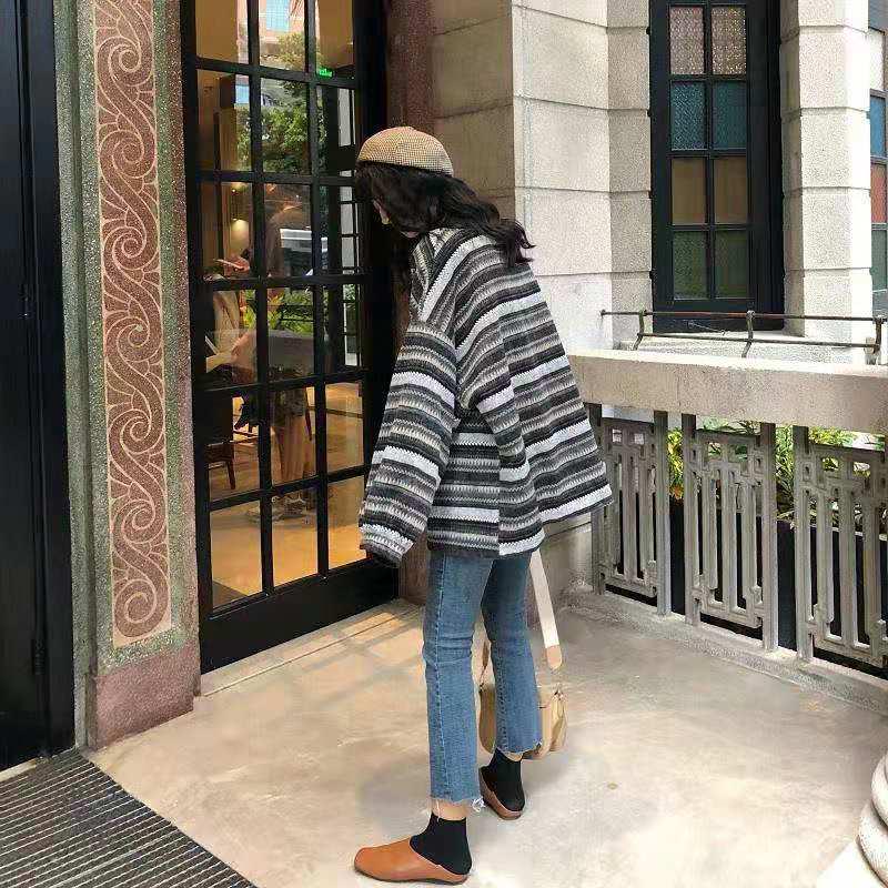 Pofulove Korean Striped Lantern Sleeve Sweater Women Loose Thin Long Sleeve Mid-length Student