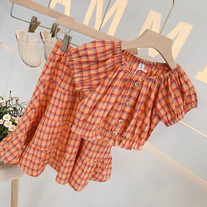 Girls Summer Korean Cake Skirt Suit Girl Western Style Cotton Plaid Short-sleeved Skirt Two-piece