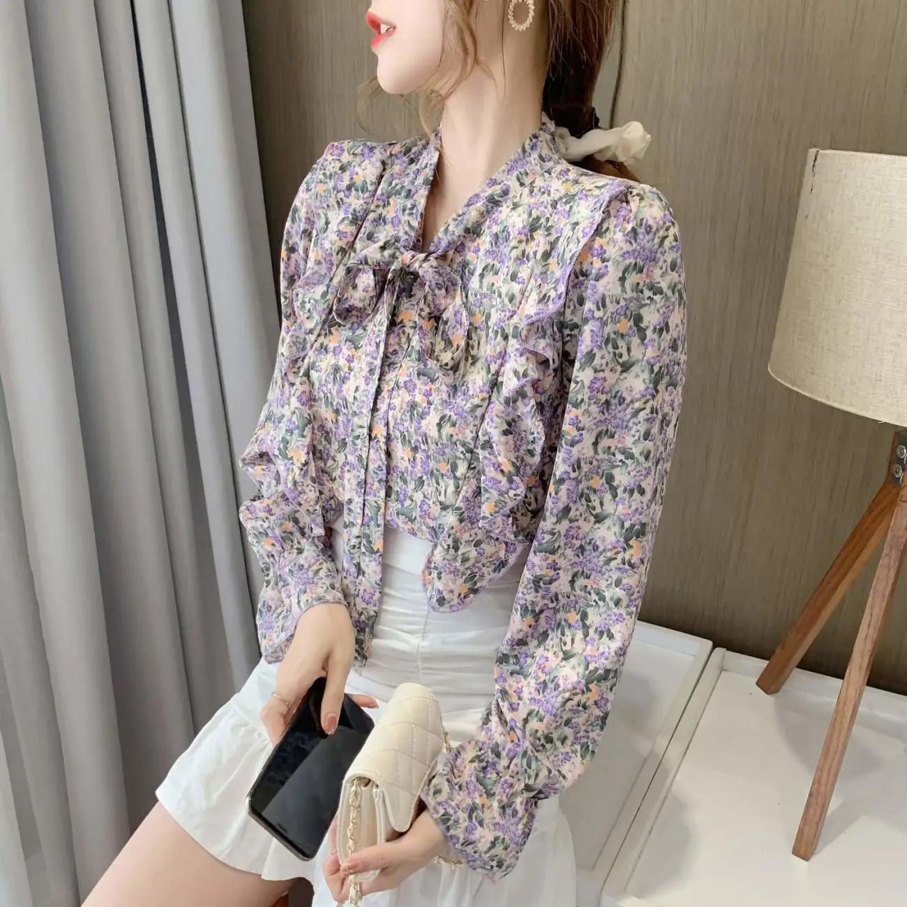 S-4xl Ruffle Blouse Long Sleeve Korea Casual Blouse Shirt Women Sping Fashion Floral Printed Top Bow Chiffon Shirt