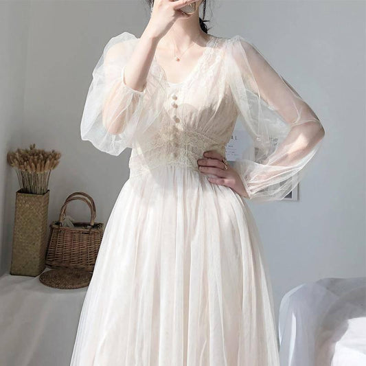 Women Dress V-neck Puff Sleeve Mesh Midi Dress Tulle Lace Dress Elegant Long Dress Vestidos