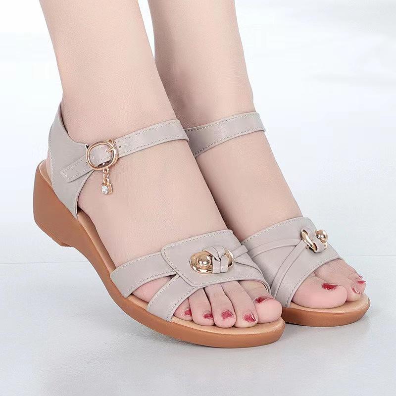 Summer Women's Sandals Wedge Heel Flat Soft Leather Soft Bottom Sandals All-match Non-slip Simple Temperament Sandals One Word Buckle