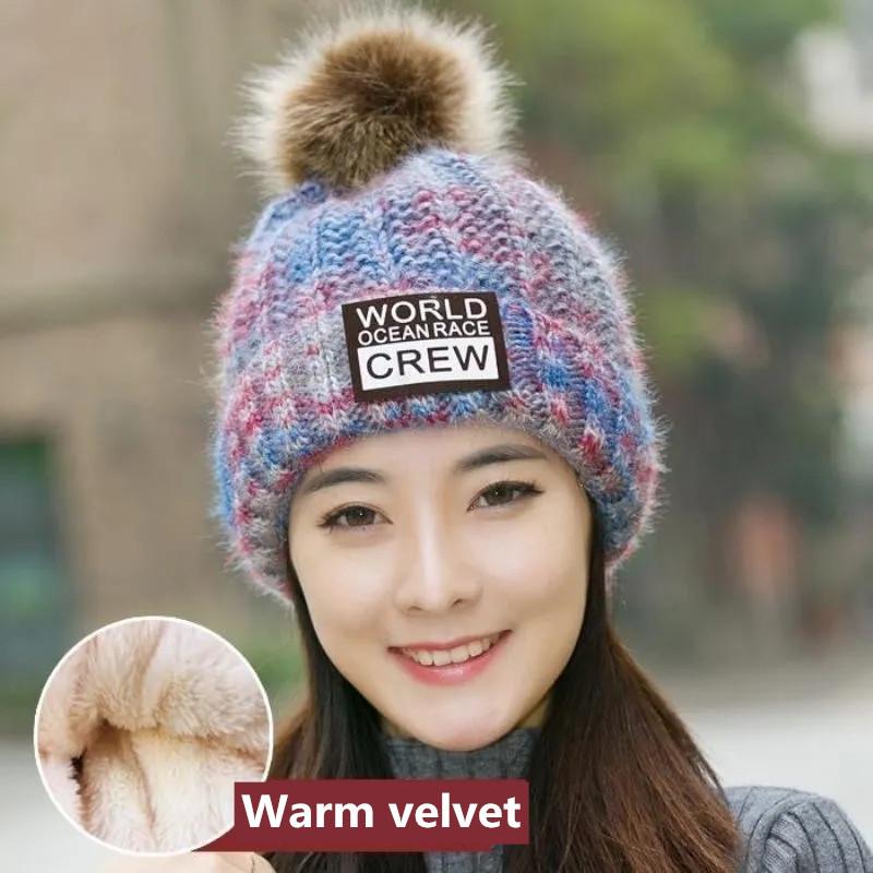 Women's Winter Hat Woolen Knitted Hat Plus Velvet Padded Thick Windproof Hat Korean Student Fur Ball Warm Ear Protection Cap Knitting Hat