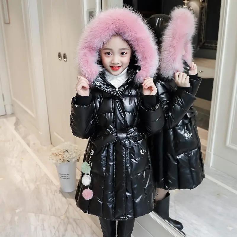 Girls Mid-length Warm Cotton Coat Korean Windproof Cotton Jacket Glossy Wash-free  Padded Jacket