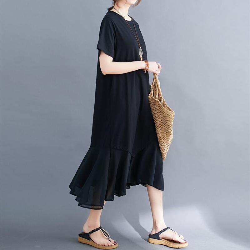 Boho Long Dress for Women O Neck Short Sleeve  Large Hem Beach Long Dress Elegant Women's Dress