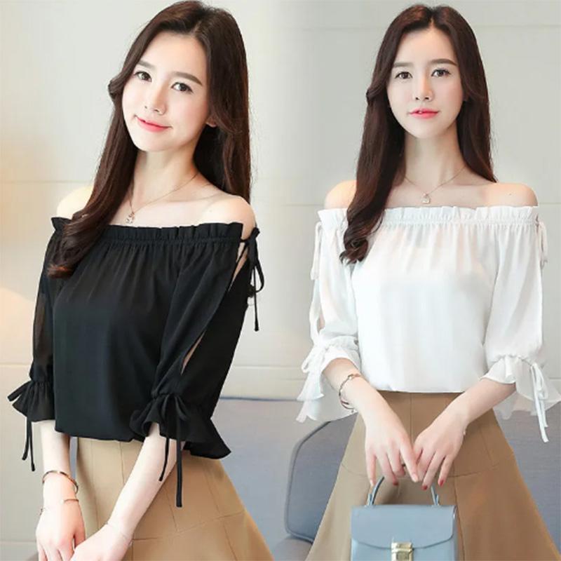 Summer Chiffon Shirt Female Fairy Air Age Reduction Solid Color T-shirt Fashion Loose Style Cool and Thin One-word Collar Strapless Top Women's