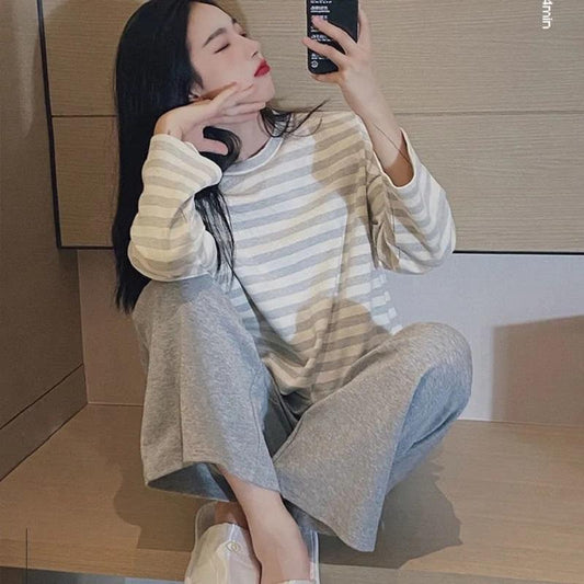 Women's Spring Autumn Cotton Pajamas Set Thin Loose Striped Pyjamas Two-piece Set Large Size Out Wear Long-sleeves Round Neck Homewear Sleeping Suit