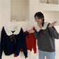 Autumn  Winter Fashion Plaid Bow-knot Long-sleeved Solid Color Pullover Blouse Loose Sweater Casual Women