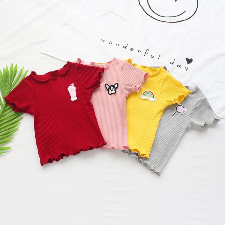 Summer Kids Cute Girls'  Thin T Shirt with Ruffle Stretch and Slim Embroidery Rainbow Smile Pineapple T Shirt