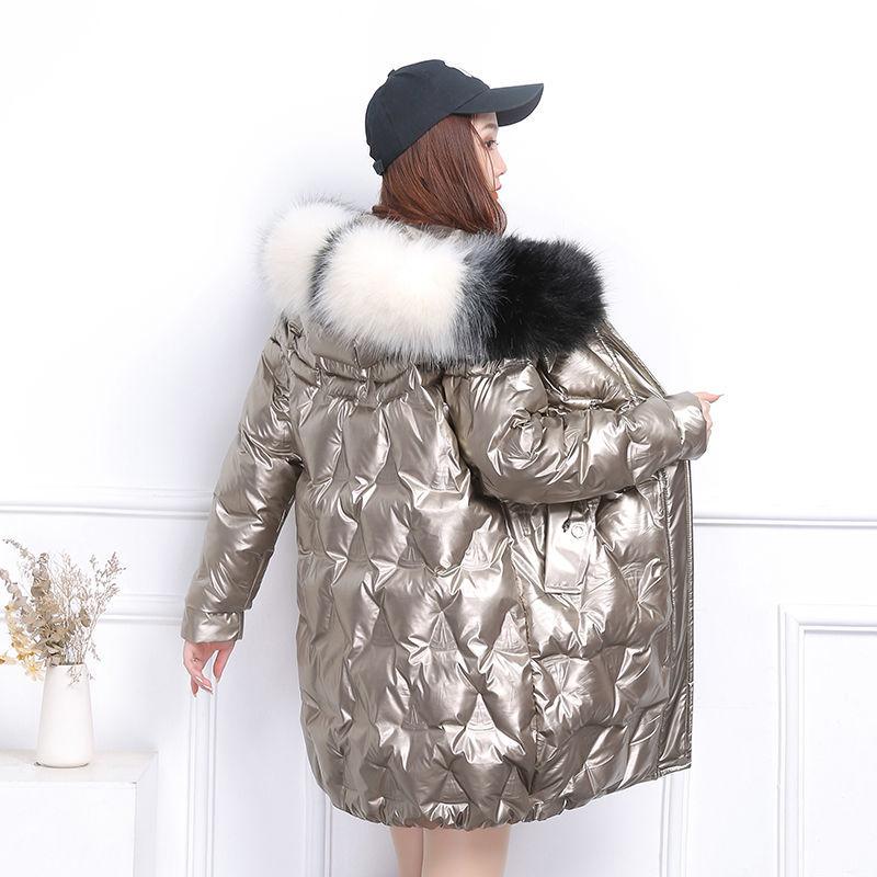 Winter Women's Thick Coat Mid-length Down Down Padded Jacket Over The Knee Shiny Fashion Korean Style Loose Large Fur Collar