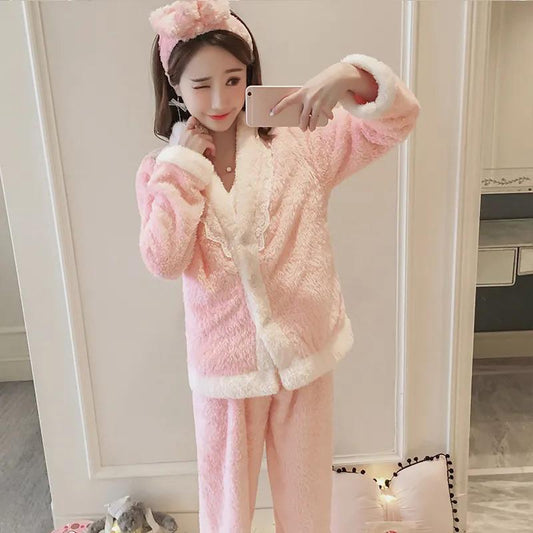 Women's Winter Pajamas Set Thickened Coral Fleece Sweet Cute Sexy Plush Suspenders Top Bottoms Four-piece Set Flannel Homewear Hairband