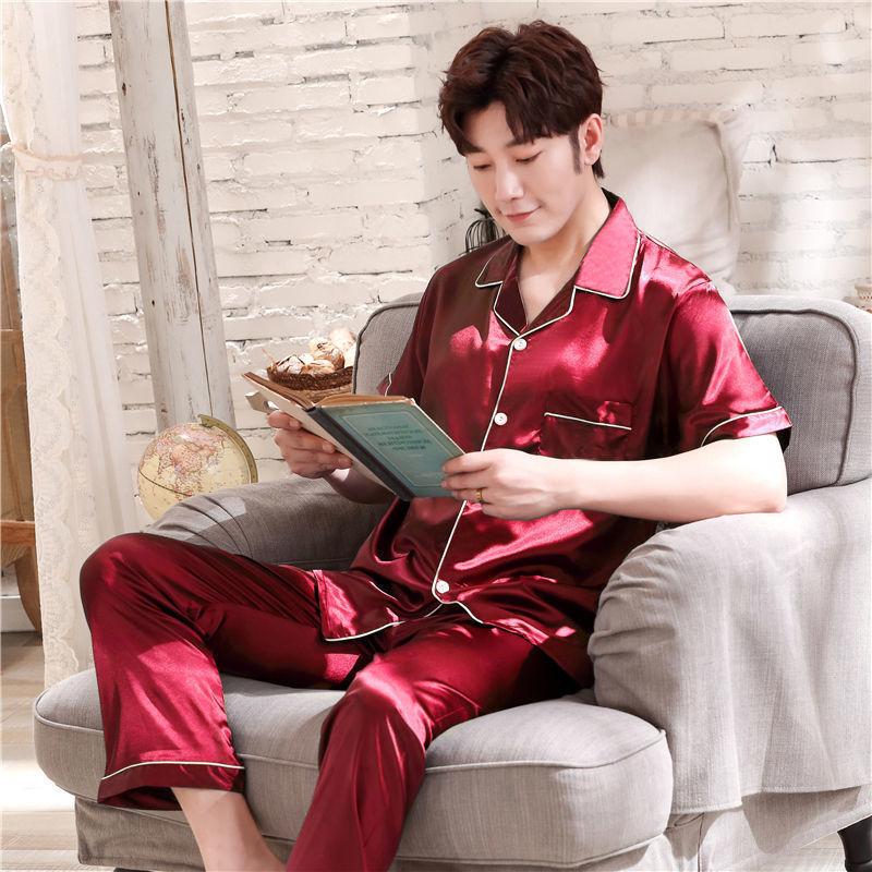 Men's Summer Short-sleeved Trousers Pajamas Spring and Summer Thin Couple Ice Silk Home Two-piece Suit