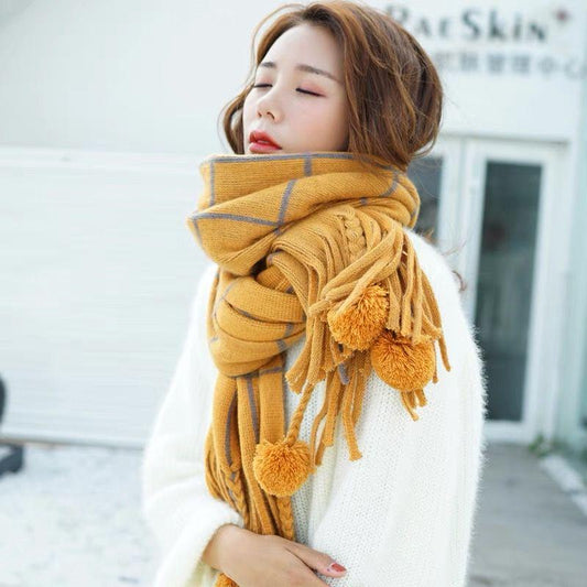 Plaid Ball Pendant Women Long Warm Scarf Winter Large Shawl