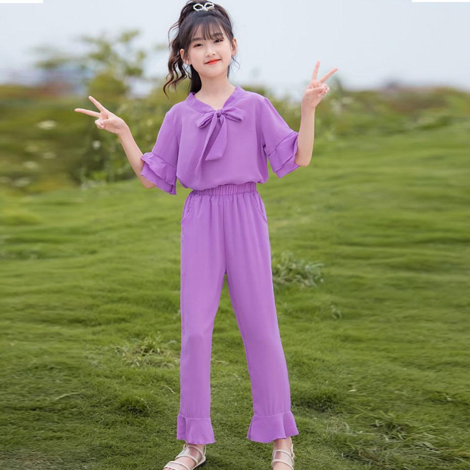 Girls' Set Summer Thin Korean Short Sleeve Pants Two Piece Set Bow Tie Ruffle Loose Suit Casual Wear