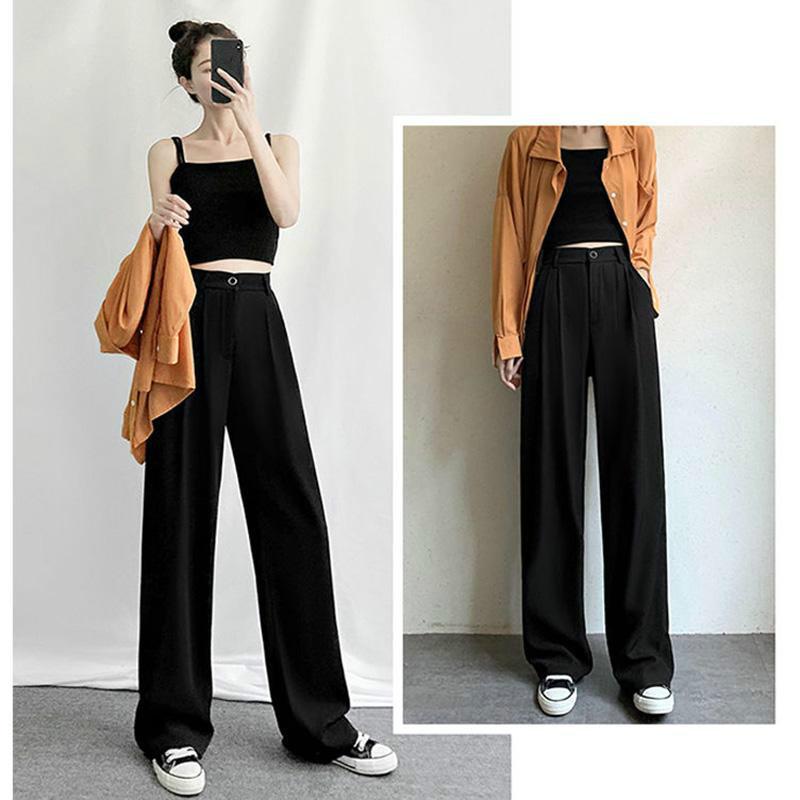 WTEMPO Mid Waist Pure Color Suit Pants Women's Wide-leg Pants Super Long Elastic Waist Straight Loose  Casual and Elegant Daily