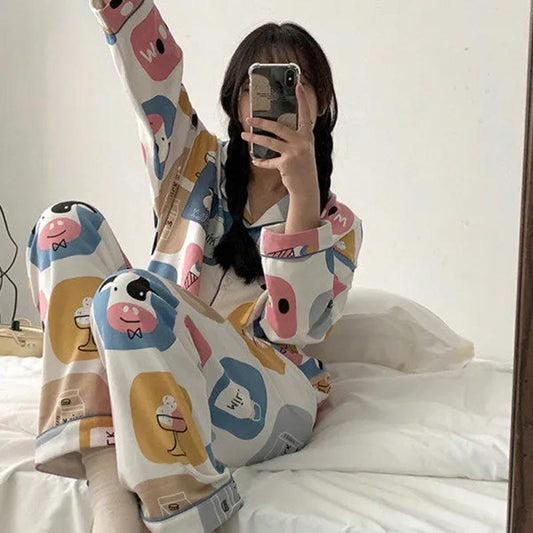 Women's Spring Long-sleeved Pajamas Cute Printing Suit Loose Comfortable Homewear Lapel Pocket Pants Two-piece Set