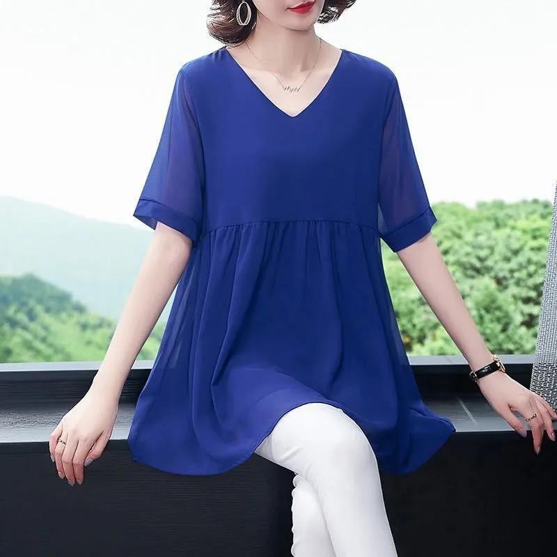 Summer Women's Loose Chiffon V-neck Short-sleeved Large Size All-match Casual Top