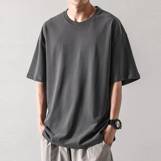 Summer Men's T-shirt Short-sleeved Pure Cotton Loose Solid Color Half-sleeved Round Neck Boys Five-point Sleeve T-shirt Men