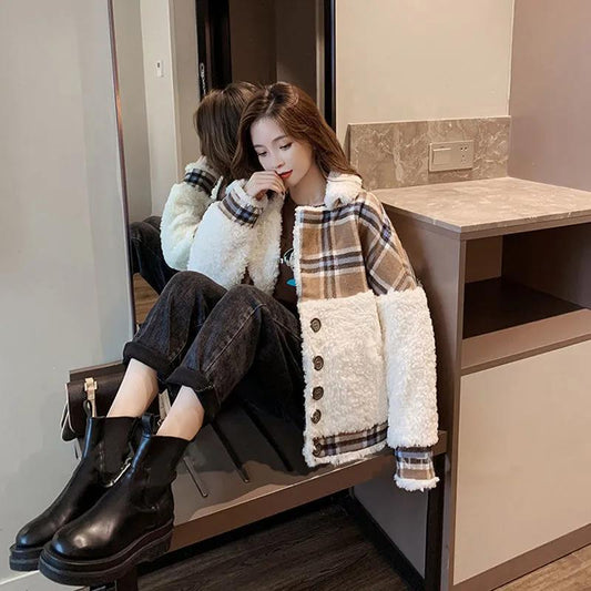 Ladies Warm and Thick Faux Lamb Wool Short Coat Female Autumn and Winter All-match Temperament Loose Elegant Top Casual Jacket