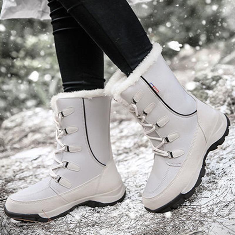 Warm Snow Boots Women Winter Plus Velvet Thick Leather Mid-tube Boots Waterproof Non-slip Outdoor Ski Cotton Shoes Cotton Boots