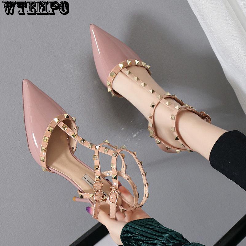 Women's Fine Heels Rivets Pointed Shoes Sexy Summer Shallow Mouth Fashion Lace Sandals