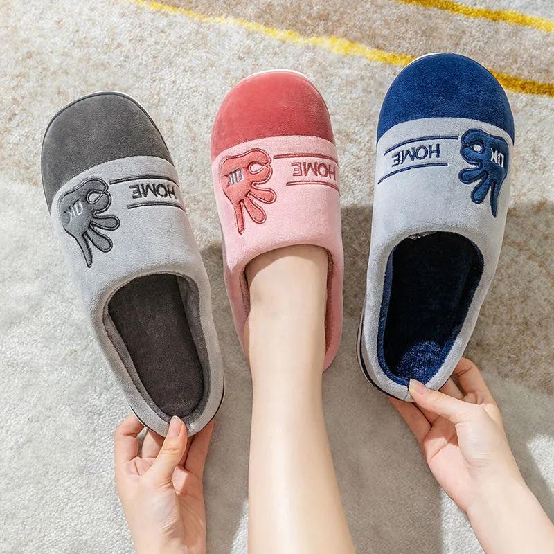 Slippers Women Winter Cotton Shoes Home Indoor Casual Non Slip Slippers Plus Size Thick Fleece Warm Men Slides Couples Slippers Pink Purple Gray Blue