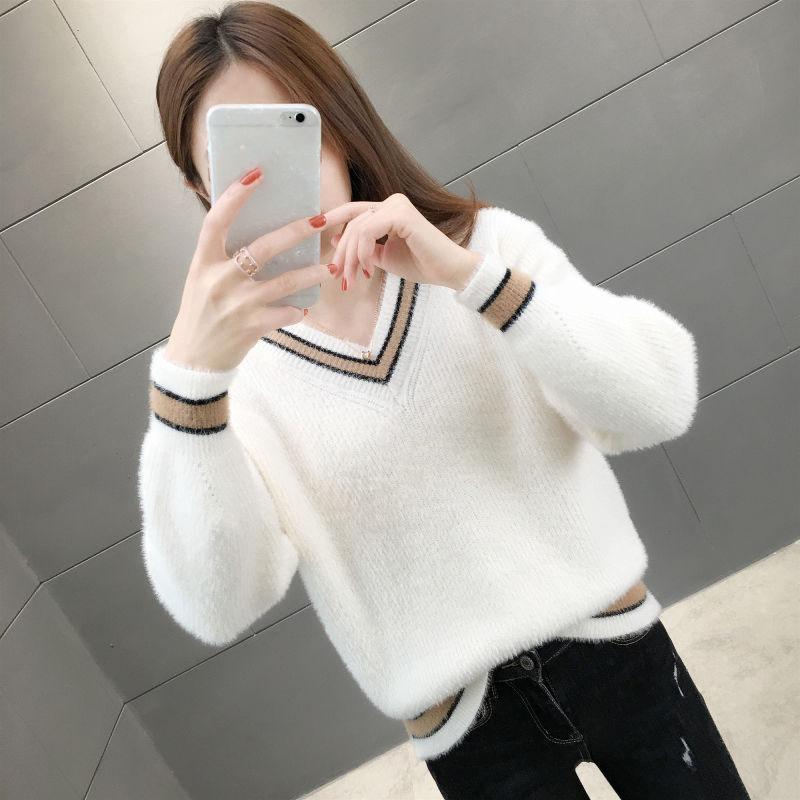 Autumn and Winter Mohair Loose Top V-neck Short Knitted Sweater Fashion Simple Women's Bottoming Shirt