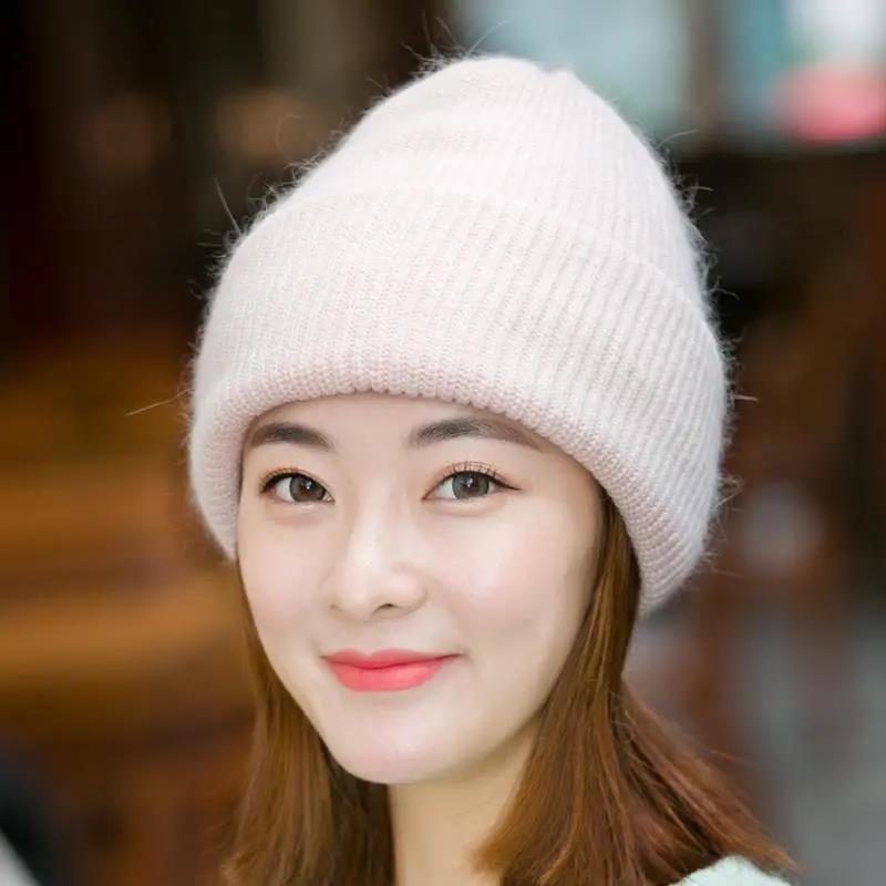 Women Winter Thicken Warm Faux Rabbit Fur Elastic Knitting Hat Beautiful Beanies Cap