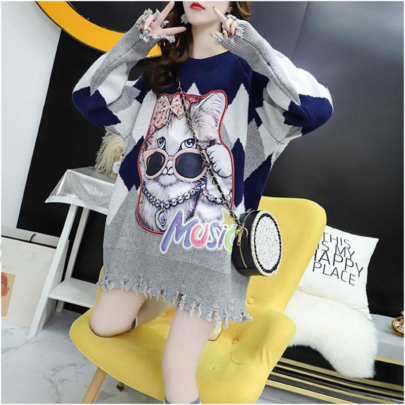 Autumn and Winter Mid-length Pullover Women Loose Casual Cartoon Print Tassel Sweater Jumper Outer Wear