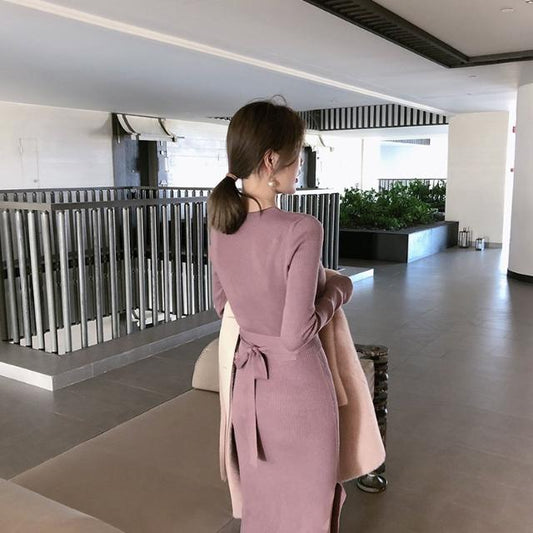 Autumn and Winter Fashion Slim-fit Base Sweater Dress Was Thin Buttocks Slit Long Knitted Dress