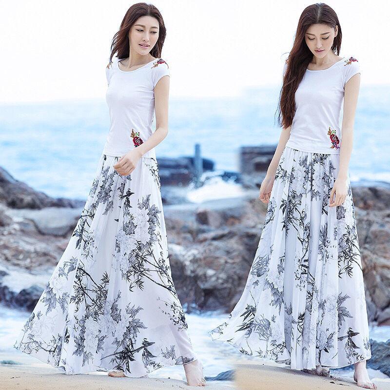 Summer New Chiffon Skirt Long Plus Size Skirt Bohemian Floral Big Swing Female Beach Skirt Long Skirt Women's A-line Skirt