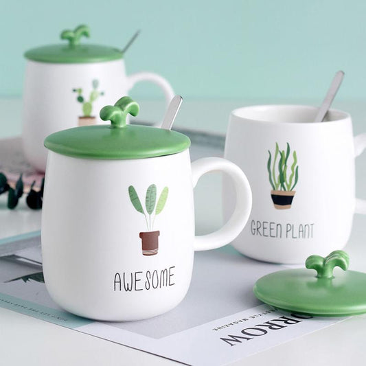 Creative Super Cute Cartoon Student Ceramic Cup Water Cup Cute Household Men and Women Mark Cup Milk Cup with Lid Spoon