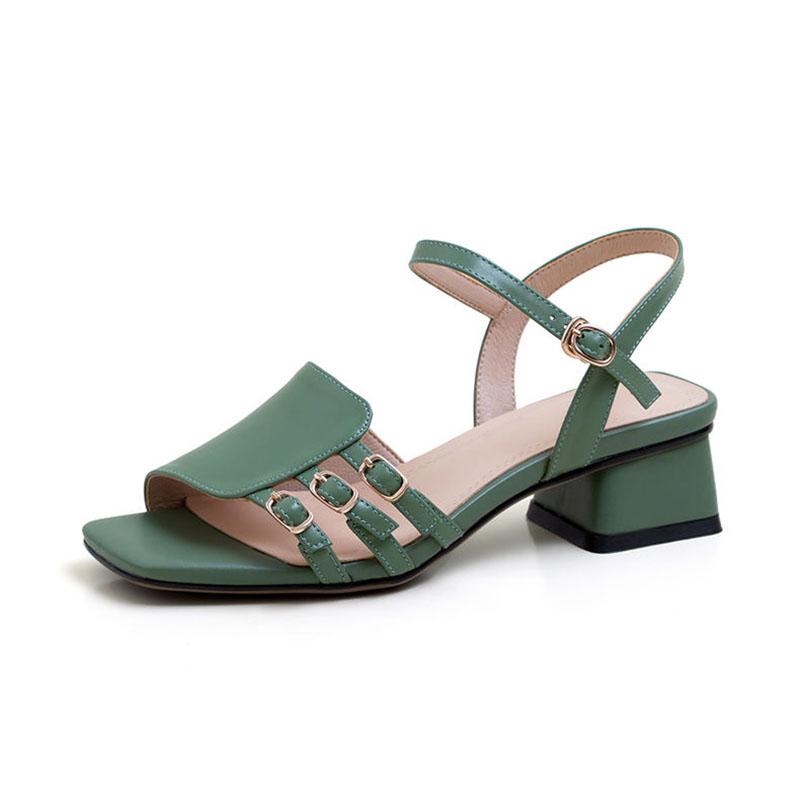 Women's Soft Leather Sandals Summer All-match Medium-heel Open-toe Sandal One Word Buckle Thick Heel Outer Wear Shoes Vintage Temperament Sandals