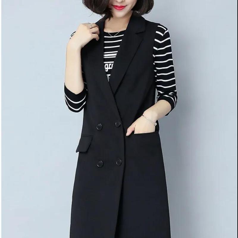 Women's Thin Mid-length Vest Waistcoat Sleeveless Black Suit Vest Jacket Women's Double-breasted Casual Vest Jacket Blazer